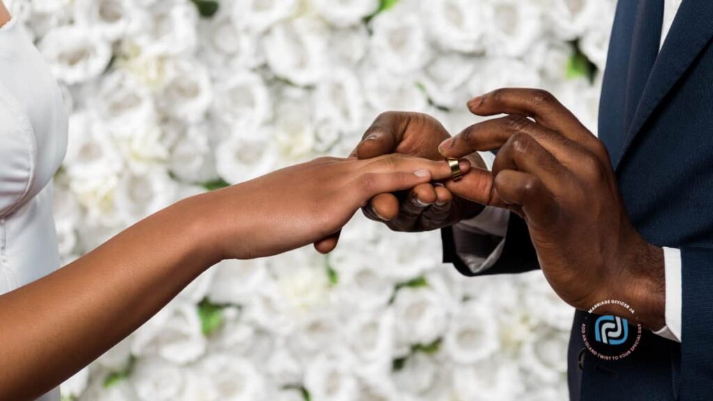 Exchange of rings in a garden wedding venue in Jamaica Caribbean